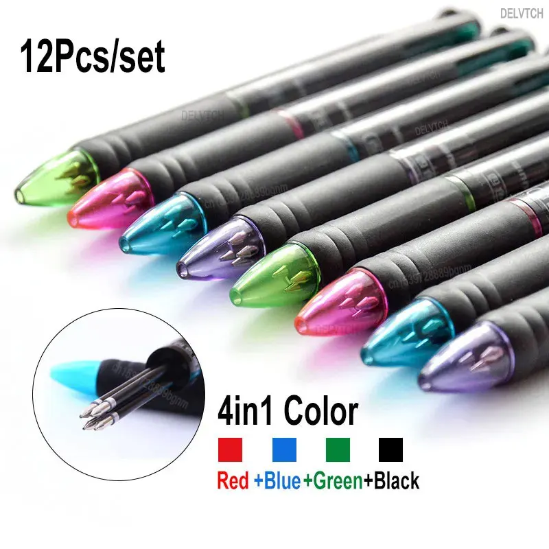12Pcs Set MultiColor Ballpoint Pen 4in1 Color Retractable Ball Pens Bullet Tip For Office School Writing Signature Stationery