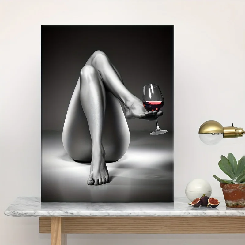 1Pc Vibrant Wooden Framed Canvas Art - Sexy Woman'S Legs With Wine, Waterproof, Fashionable Print For Home Decor