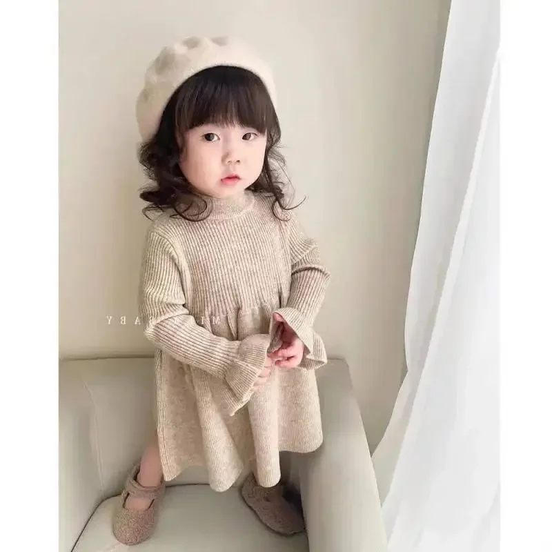 

Girls' Winter Knitted Long-sleeved Dresses Korean Baby Solid Warm Fashion Casual Princess Flare Sleeve Dresses Children Vestidos