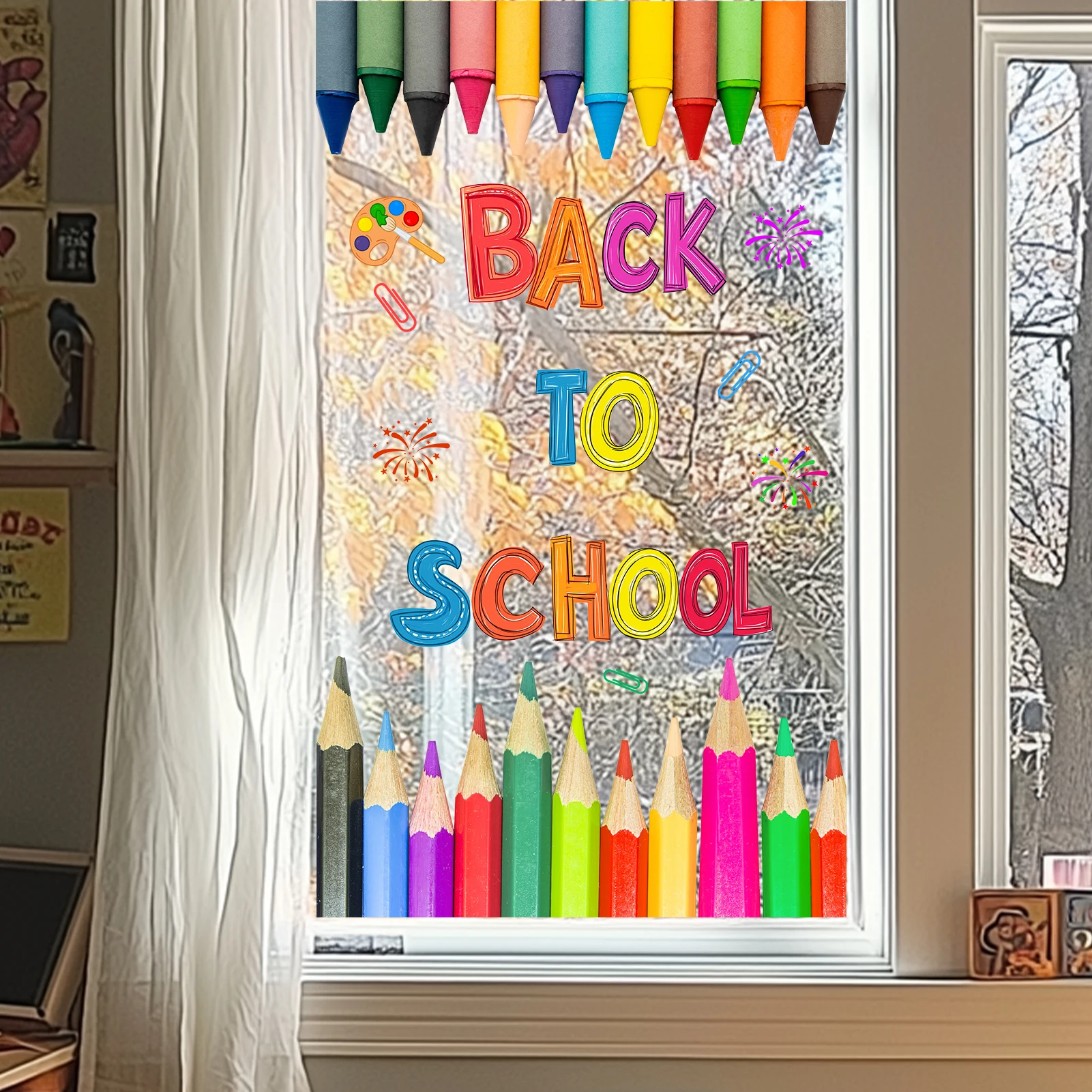 2pcs Colorful Crayon Back To School Wall Sticker Hand-Drawn School Theme Wall Decal for Study Art Studio Wall Art