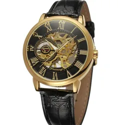 Forsining Transparent Case Fashion Roman Numerial Analog Display Skeleton Hollow Engraving Gold Bezel Mechanical Watches Winner