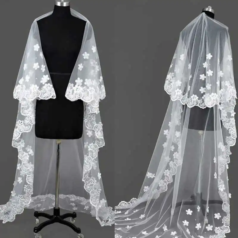 

Дизайнерская свадебная фата с аппликациями и цветами из бисера, двухслойная длинная фата для вальса, аппликация по краям, аксессуары для невесты по индивидуальному заказу