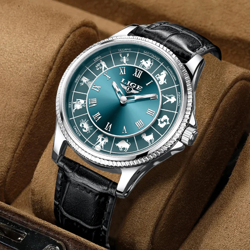 

LIGE Casual Luxury Man Watch Outdoor Fashion Casual Leather Strap Constellation Dial Waterproof Quartz Watches for Men Gifts Box