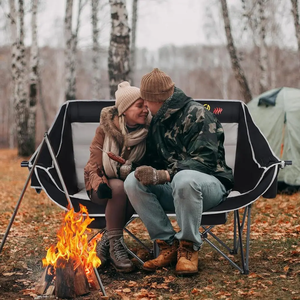Draagbare verwarmde campingstoel met batterijvoeding, opklapbare zitting voor volwassenen, dubbel gevoerde kampeerbank, inclusief koeltas