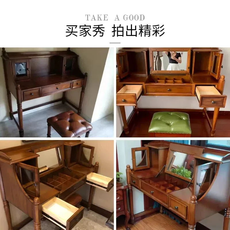 American Style Solid Wood Dresser with Flip Desk, Multifunctional Integrated Makeup Storage Cabinet, European Design