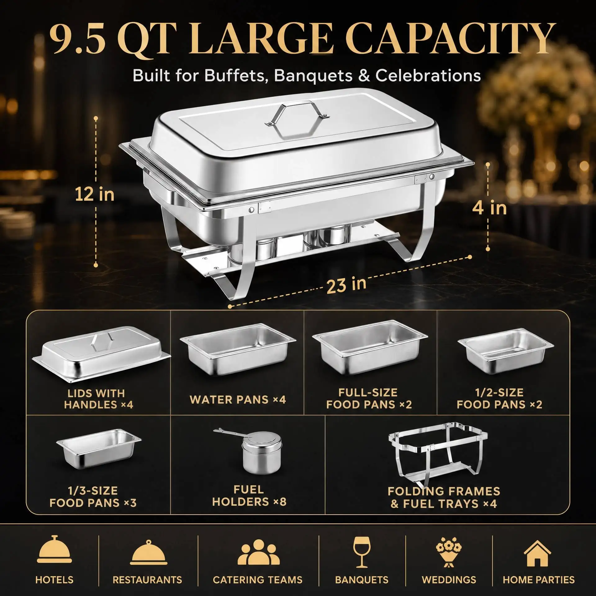 4 Pack 9.5 QT Stainless Steel Chafing Dishes Buffet Set, 7 Food Pans & Folding Stands, Hot Cold Buffet Servers and Warmers for Catering Party Wedding