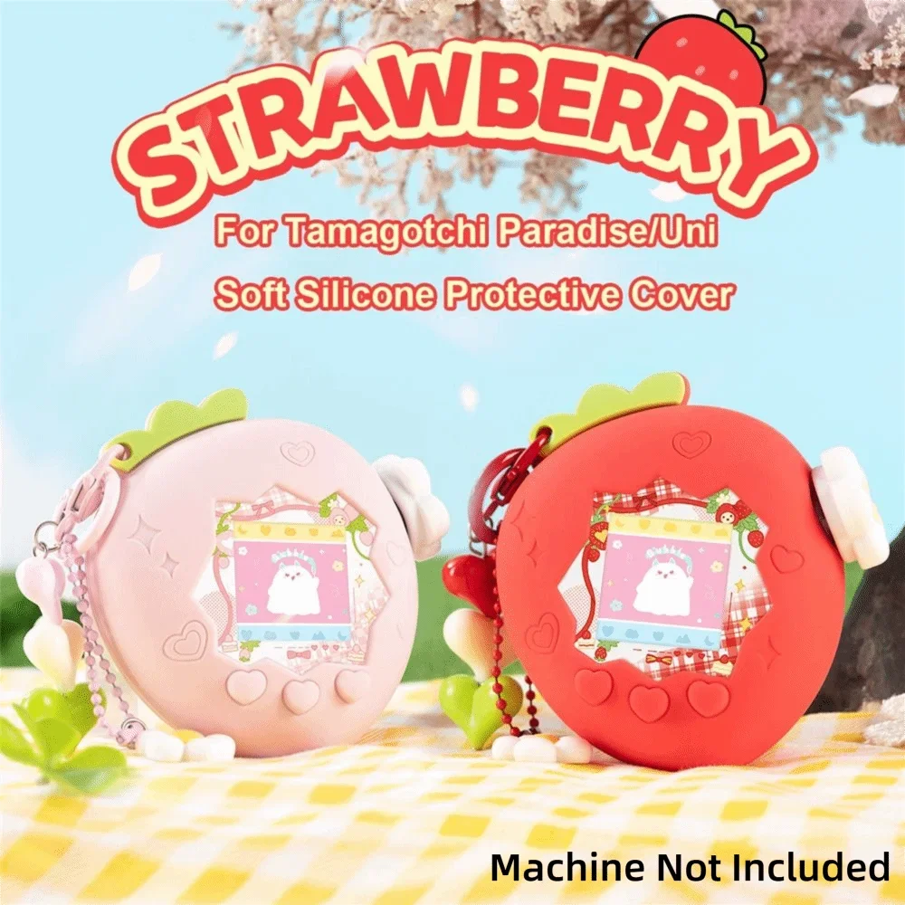 

Silicone Protective Cover with Panel Paper Pendant Red Pink Strawberry Decorative Cover Knob Cover for Tamagotchi Paradise Uni