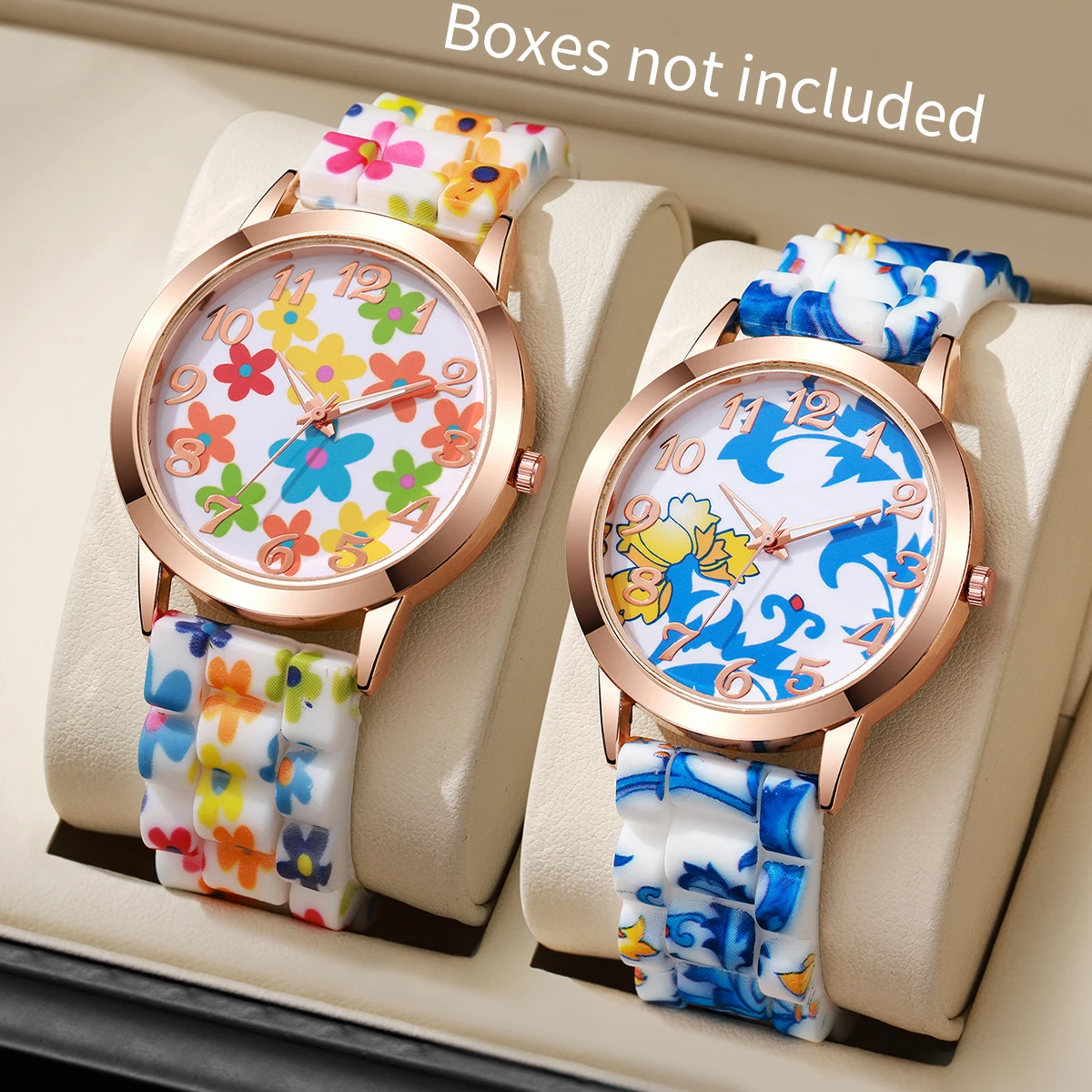 2PCS/Set Fashion Flower Printed Women Watches Casual Silicone Band Quartz Wristwatch Girls Clock Reloj Mujer（Without Box）