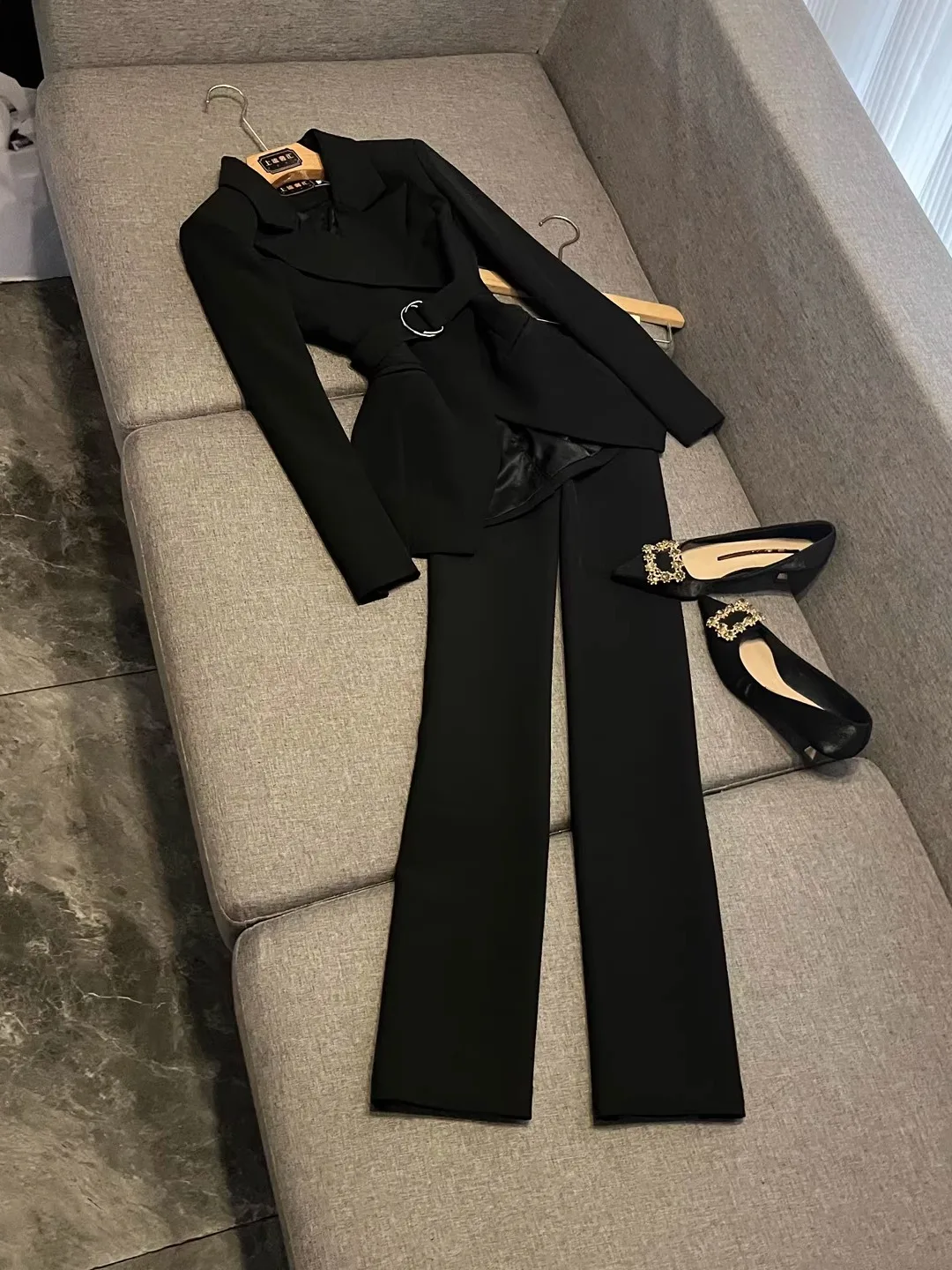 

Черный осенне-зимний офисный костюм для рабочей одежды, женские официальные брюки, комплект из двух предметов CX32, колокольчик с высокой талией, профессиональный наряд