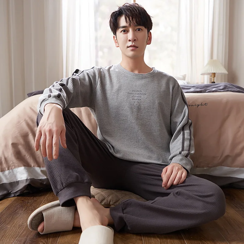 

100% Cotton Knitted Pj Long Sleeved Men's Pajamas Sets Male Pijama Set Striped Pyjama For Men Sleepwear Suit Homewear Size XXXL