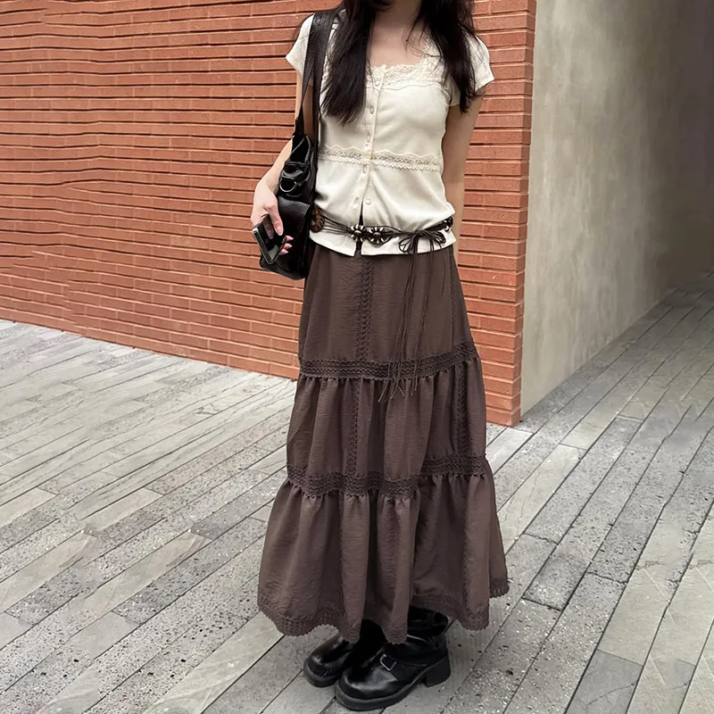

SKMY Vintage Vacation Outfits Solid Color Lace Patchwork Long Skirts 2025 Summer New Women's Temperament Slimming A-Line Skirts