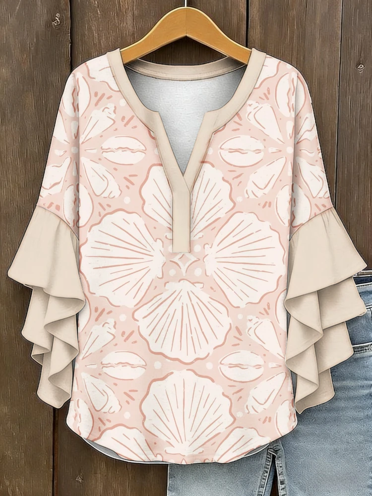 

Plus Size Women Blouses Summer Holiday Vintage Nautical Seashell Print V Neck Ruffle Bell Sleeve Casual Tops Female Clothings