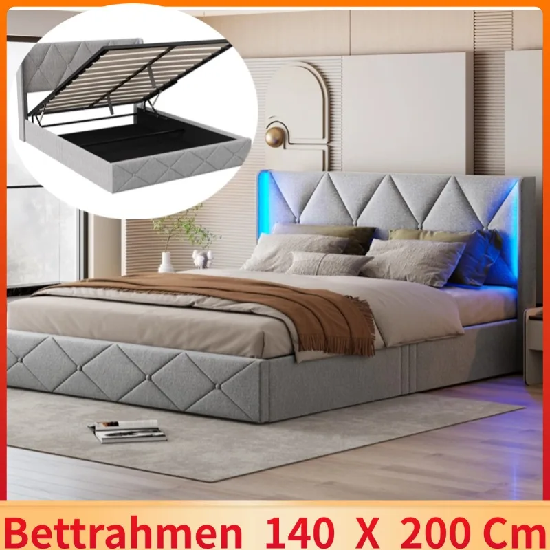 140x200cm Upholstered bed with LED lighting , double bed storage bed frame-Velvet fabric