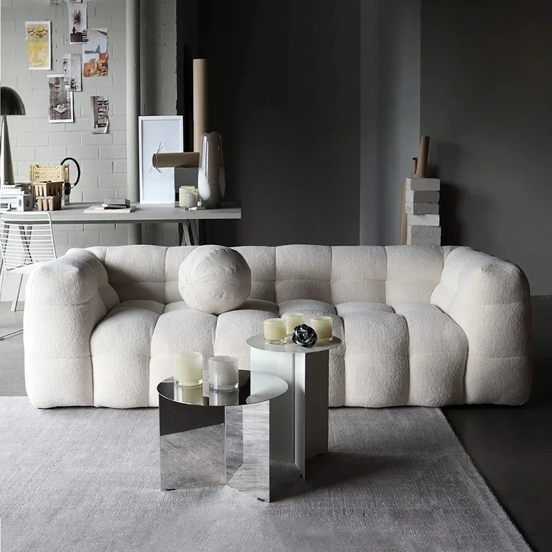French retro small apartment living room straight row, cream wind lamb wool, sofa designer marshmallow sofa
