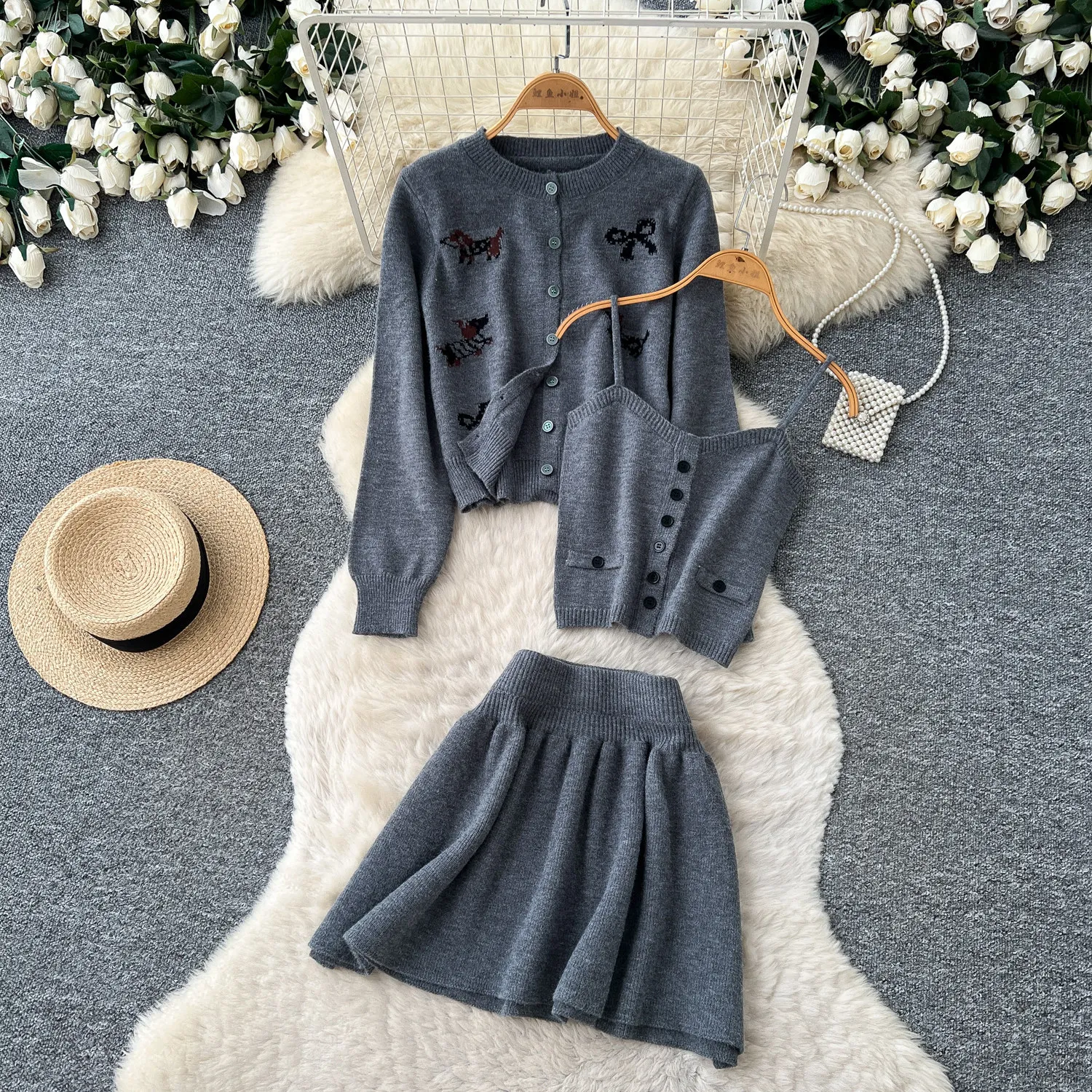 Women 3 Piece Sets Skirt Set Full Sleeve Coats Sleeveless Tops Short Skirts A Line High Waist Y2k Streetwear Knit Work Autumn