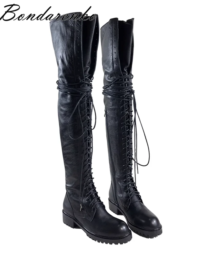 Black Flat Lace up Thigh High Boots Women Comfy Winter Luxury Designer Round Toe High Boots Big Size Causal Dress Shoes New in