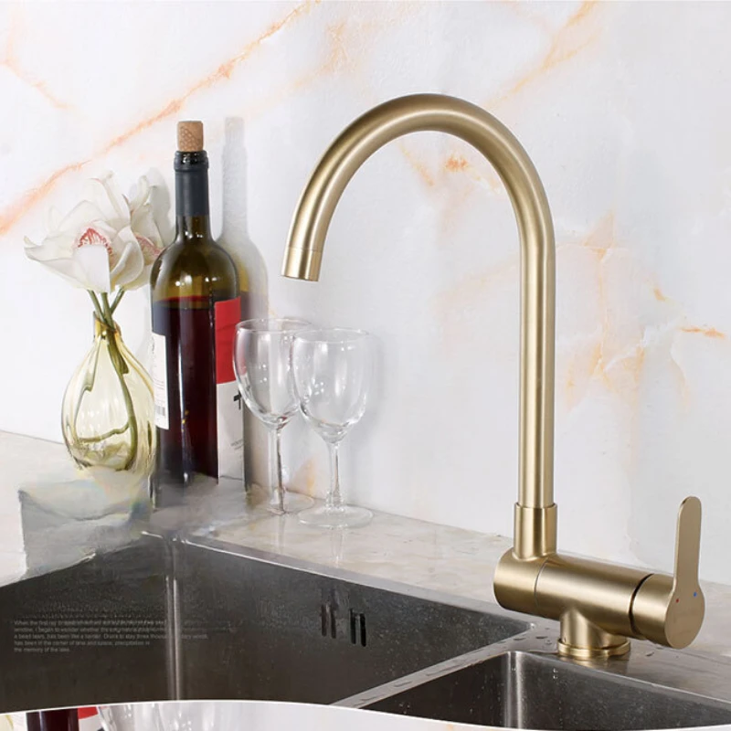 Brushed Gold Kitchen Basin Faucet, Deck-Mounted, 360 ° Rotating, Cold and Hot Mixer, Elegant Design, 10