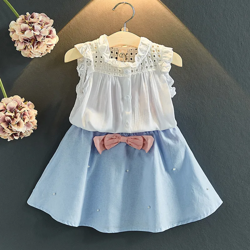 

Girls Clothes Set 2-8 Years for Summer Children's Sleeveless Hole Shirt and Bead Short Skirt 2pc Baby Outfit Kids Cotton Suits