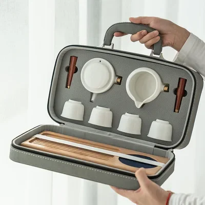 Chinese Tradition Teacups White Porcelain Mutton Fat Jade Travel Tea Set Portable Bag Outdoor Tea Room Hotel Ceramic Home Gift