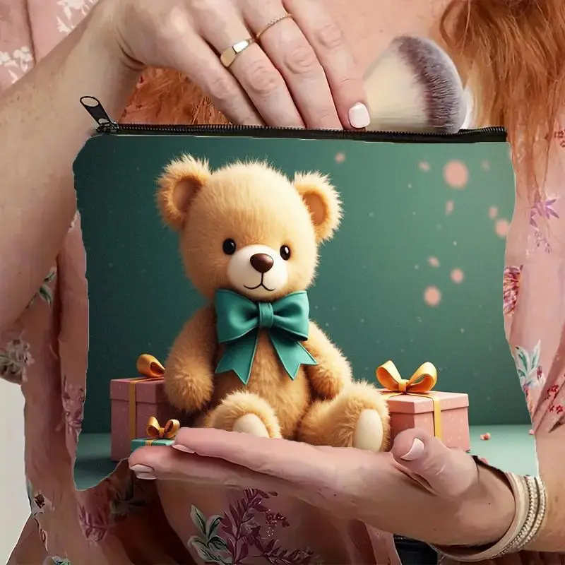 1 Piece of Makeup Bag with a Teddy Bear and Gift Print - Multifunctional Zipper Pouch for Women, Perfect Travel Zipper Storage Bag, Fun Birthday Gift