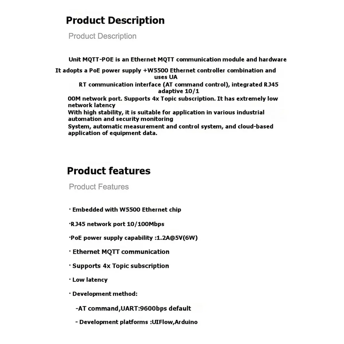 (A99Z] For MQTT Ethernet Communication Module PoE Powered with Built-in W5500 for Remote Data Acquisition