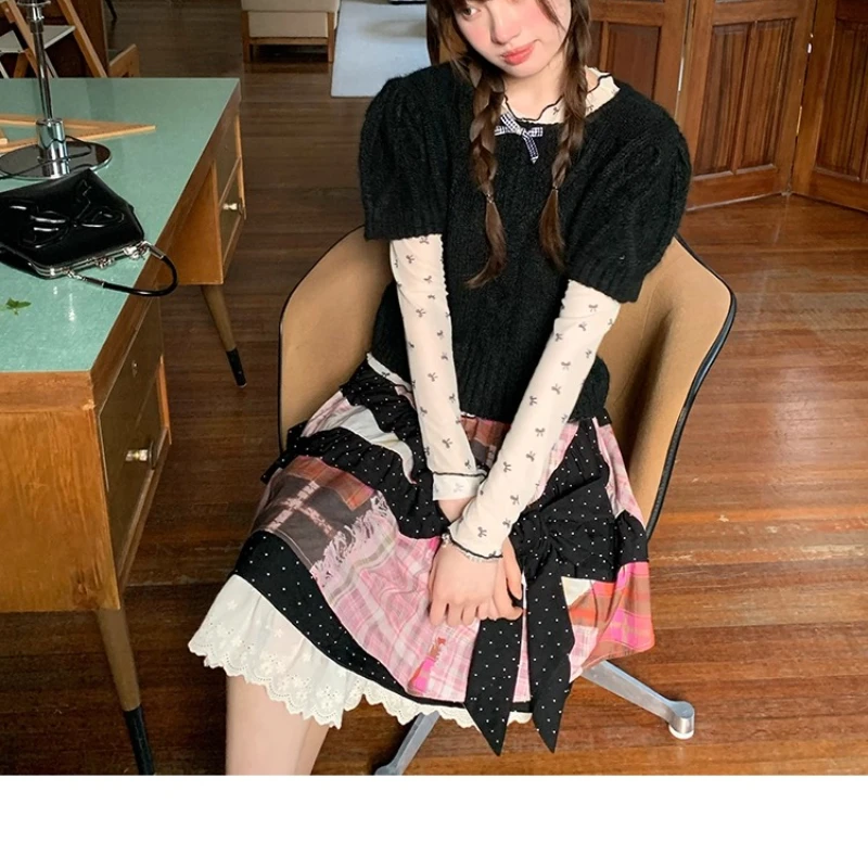 Japanese Original Design Pink Check Black Polka Dot Women's Skirt Summer Sweet Girl Irregular A-line Cake Half Skirts Ladies