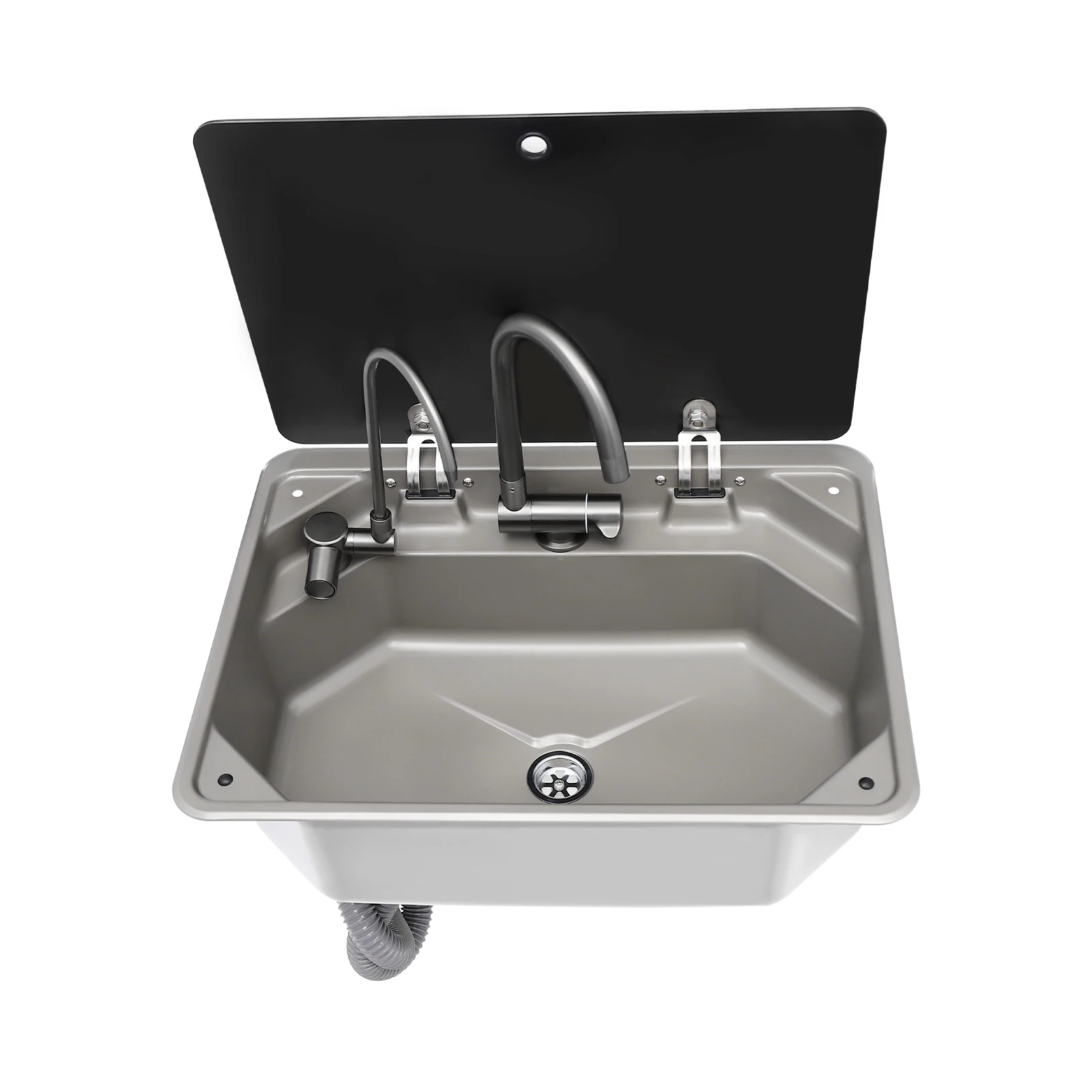 RV Sink with Folded Faucet and Tempered Glass Lid Black Stainless Steel Sink for RVs and Kitchens