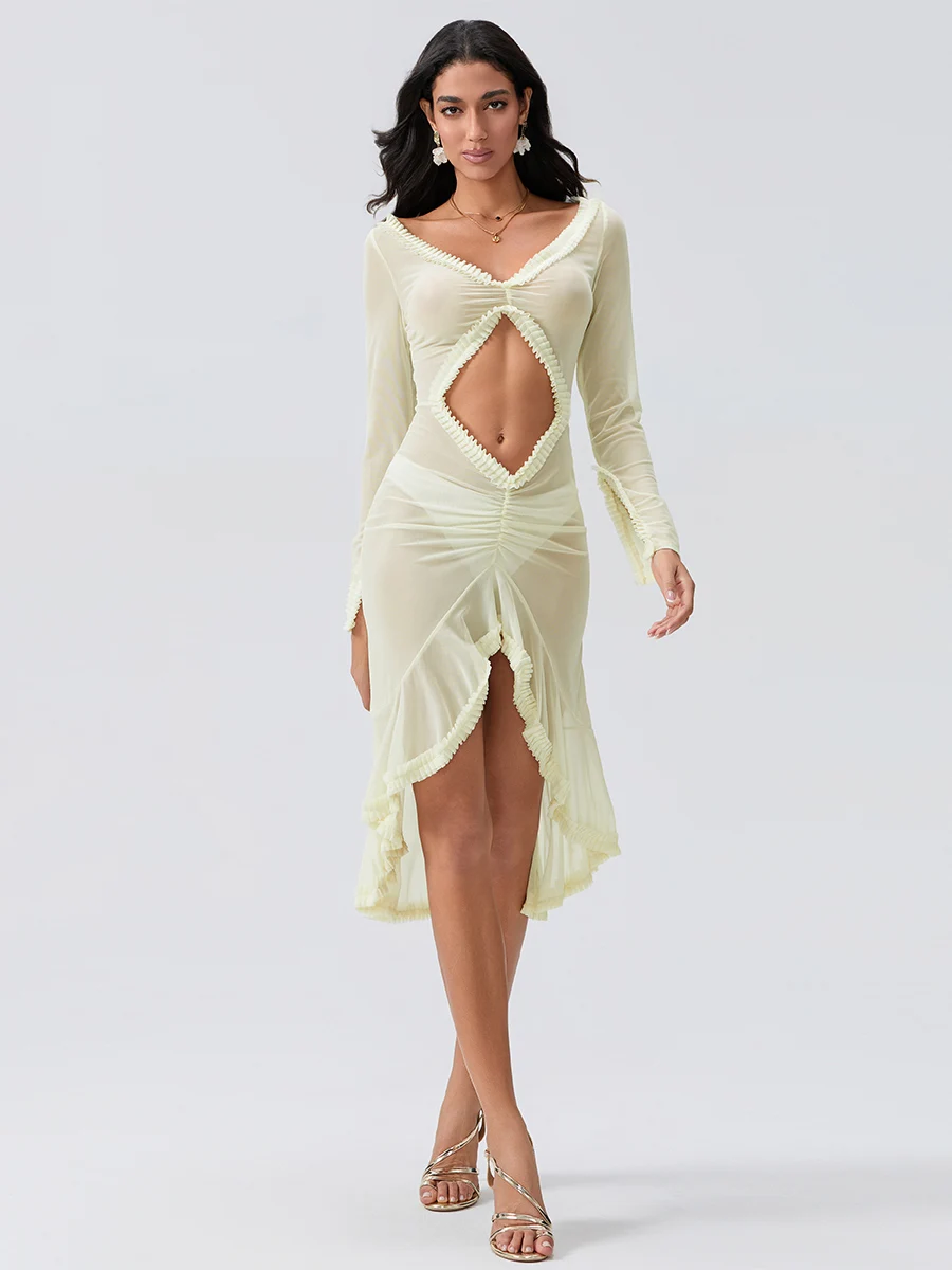 Damska sukienka midi z długim rękawem, dekoltem w szpic, falbankami, wydrążona przezroczysta sukienka, nieregularna, marszczona sukienka