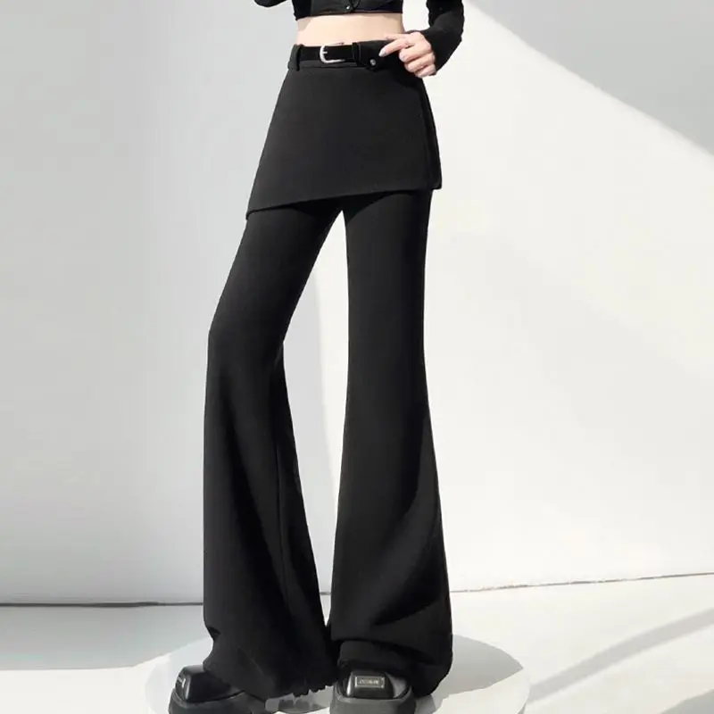 Women's Spring 2026 New Solid Color Slimming Floor Length Pants Fake Two piece Casual Fart Curtain Splicing Micro Bell-bottoms