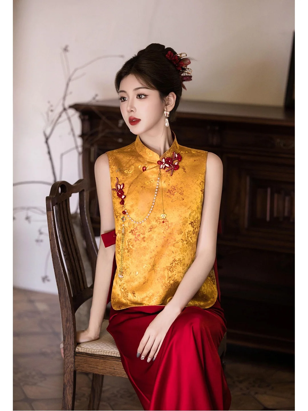 

Gold New Chinese Style Wedding Dress Exquisite mid Waist Long Skirt Qipao High End Return Home Thank You Banquet Casual Wear