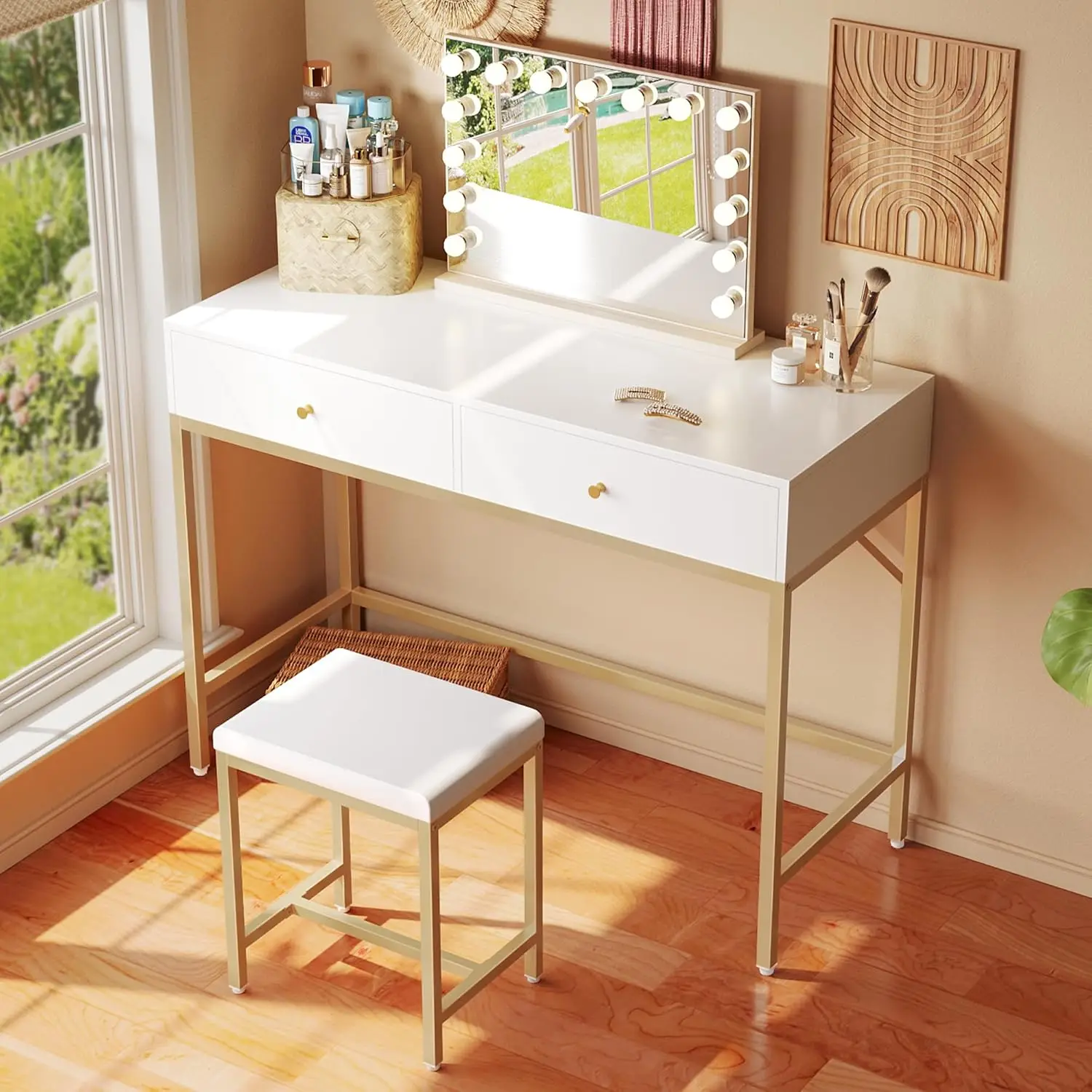 Desk with 2 Drawers, Modern Makeup Vanity Desk with Padded Stool, Small Computer Desk Home Office for Writing Study Bedroom