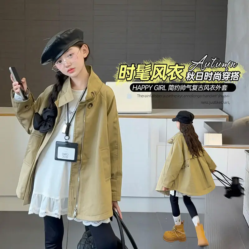 

Kawaii Girl Fashion Trench Coat Student Spring and Autumn Cartoon Casual Coat Medium and Long Styles Tops Children's Clothing