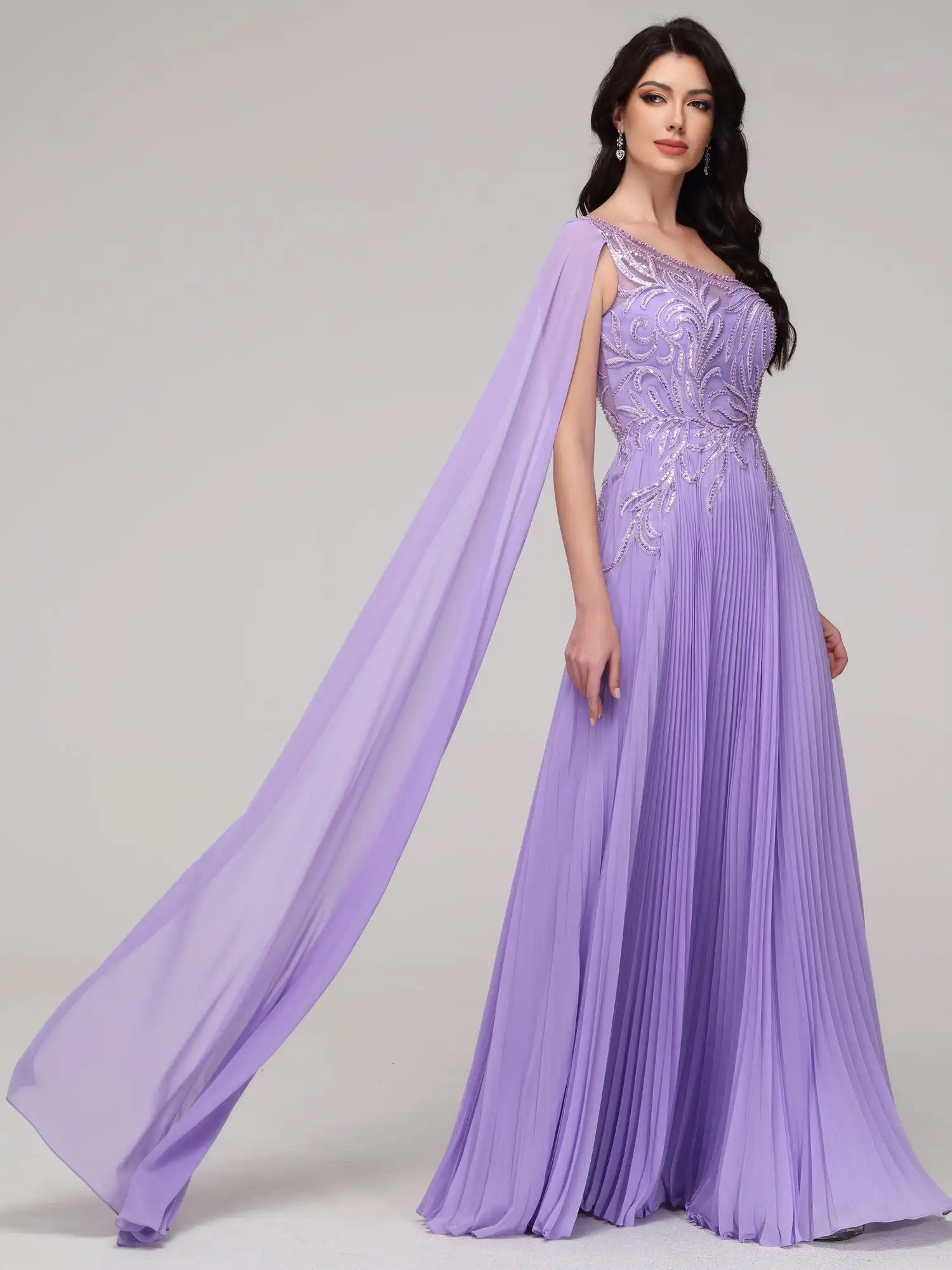 Een Schouder Chiffon Prom Dress Kanten Flowy Lovertjes Geappliqueerde Lange Avondjurk Kralen En Ruches Een Lijn Formele Jurken Voor Vrouwen