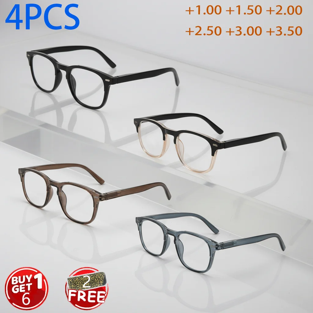 4PCS Reading Glasses for Men and Women, Classic Square Frame Readers, Multiple Magnifications (+1.00 to +3.50)