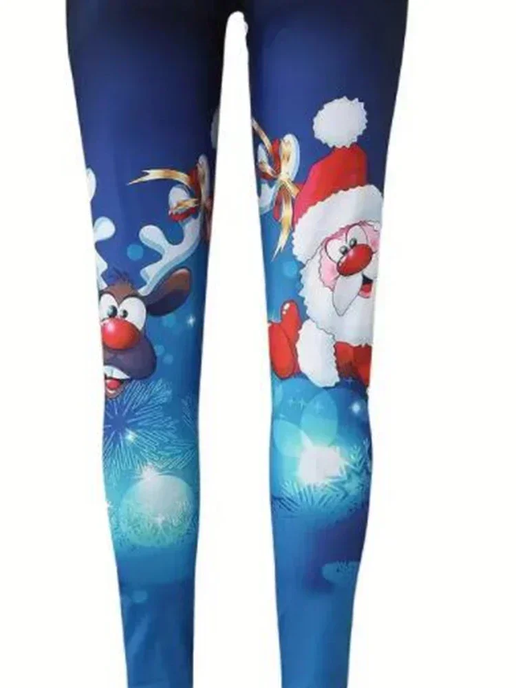 Women\'s Plus Size1XL-5XL Casual Christmas Leggings Ladies Santa Claus Reindeer Print Elastic High Rise Slight Stretch Leggings