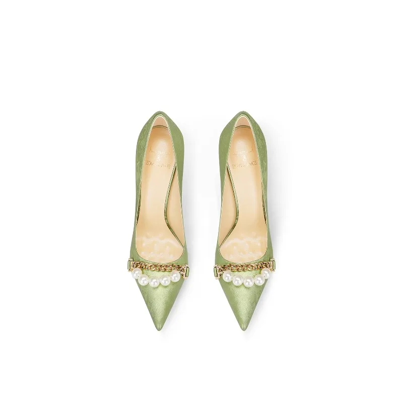 2025 Spring New Grass Green Satin Pearl Pointed Toe Stiletto Heels for Women