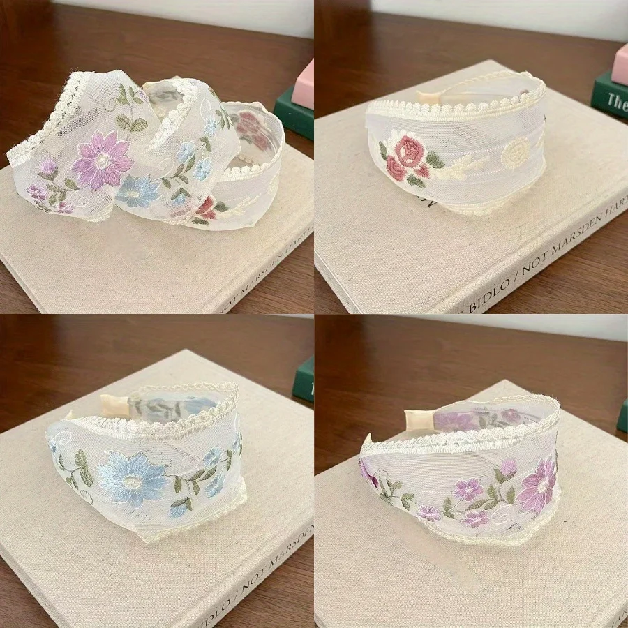 

Embroidery Lace Headband with Mesh Flowers Sweet Lovely Design Versatile Casual Style Vacation Elegant Hair Accessories