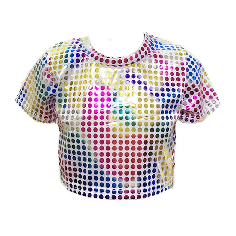 Kids Adult Metallic Crop Top Shiny Costume Dot Sequins Short Sleeve T-shirt Sparkly Jazz Hip Hop Dance Stage Performance Clothes