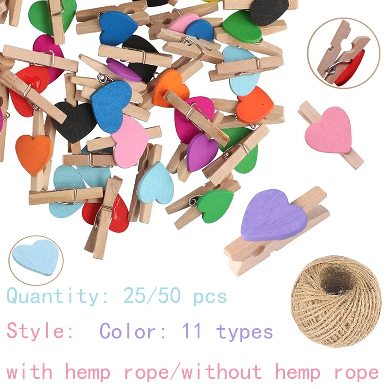 Mini-Herz-Wäscheklammern, bunte Foto-Clips aus Holz mit Juteschnur für Scrapbooking, Babyparty, Hochzeitsfeier-Dekorationen