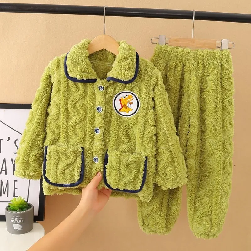 

Детские фланелевые комплекты одежды для сна из кораллового флиса, зима-осень, домашняя одежда больших размеров с утолщенными длинными рукавами для маленьких мальчиков и девочек