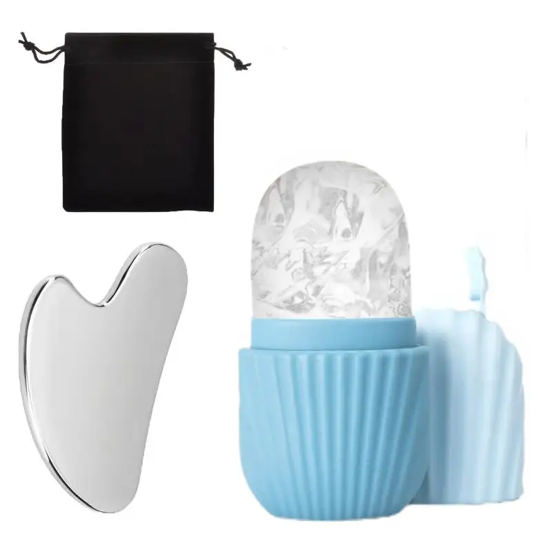 Driedelige gezichtsverzorgingsset, roestvrijstalen hartvormige gua sha-tool, ijsroller, tas
