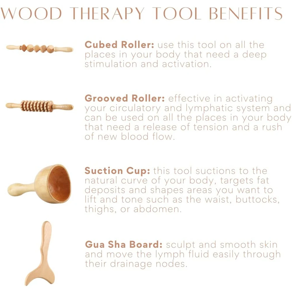 4 in 1 Wood Therapy Massage Tools, Lymphatic Drainage & Cellulite Massager,Professional Maderoterapia Kit, Body Gua Sha Massager