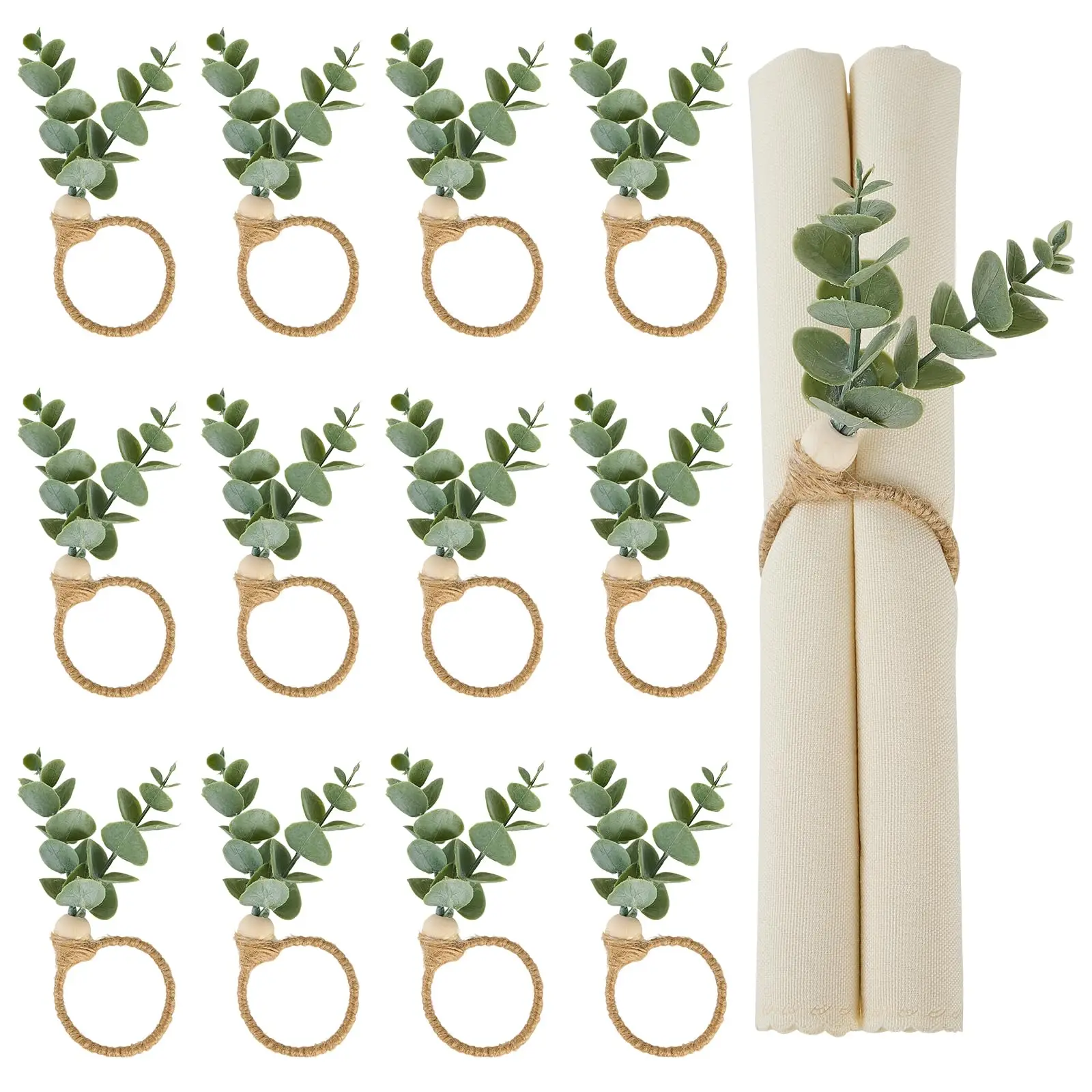 

APTWOW Green Fabric Napkin Rings Set of 12, 18*16*1.5cm, 12g, Easter Boho Eucalyptus Leaf Wood Bead Farmhouse Napkin Holder for