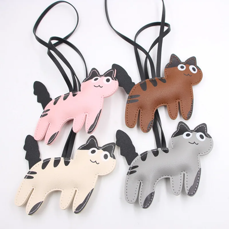 Fashion PU Leather Cat Pendant Keychain Cute Animal Keyring Women Bag Charm Handbag Hanging Decoration For Girl Gifts
