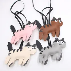 Fashion PU Leather Cat Pendant Keychain Cute Animal Keyring Women Bag Charm Handbag Hanging Decoration For Girl Gifts