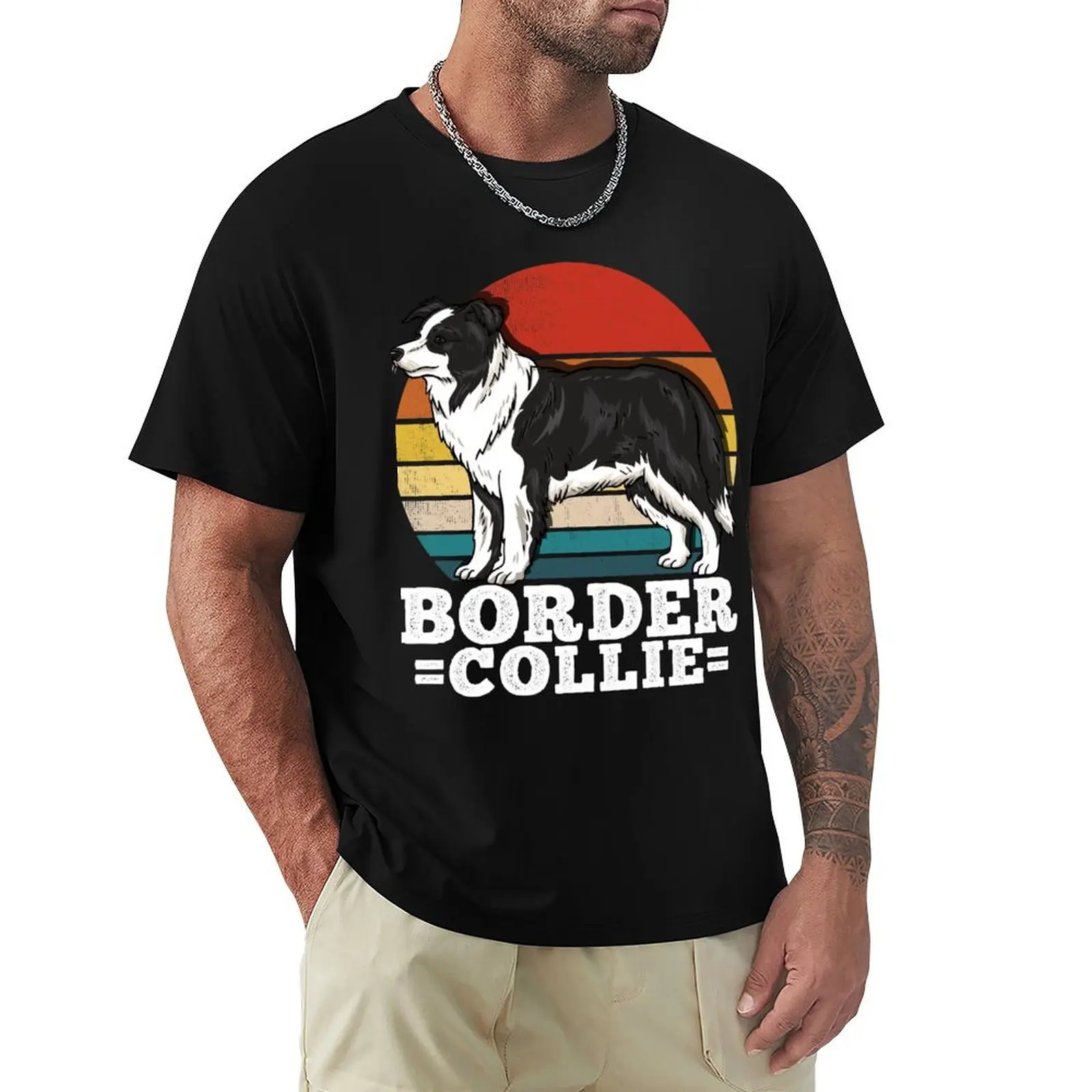 Border Collie Dog Lover Retro T-Shirt Basic Crew Neck Short Sleeve Top