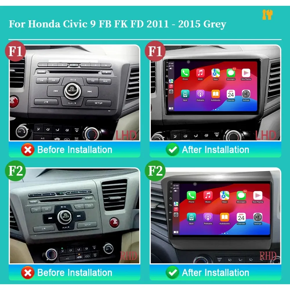 Car Radio Multimedia For Honda Civic 9 FB FK FD 2011-2015 Grey Navigation Wireless Android Apple BT CarPlay Touch Screen Stereo