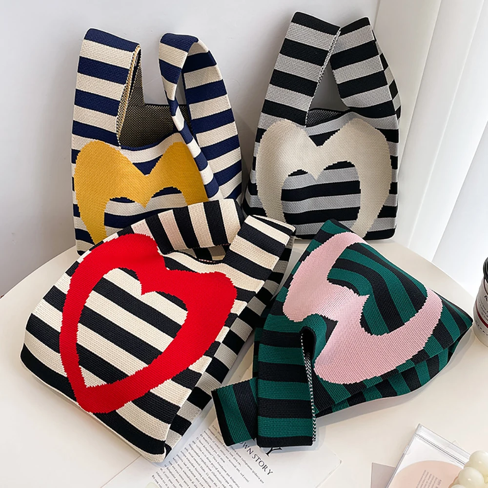 Handgemachte Strick handtasche Frauen Mini Knoten Handgelenk-Tasche weibliche lässige Farbe breite Streifen Plaid Einkaufstasche Student wieder verwendbare Einkaufstasche