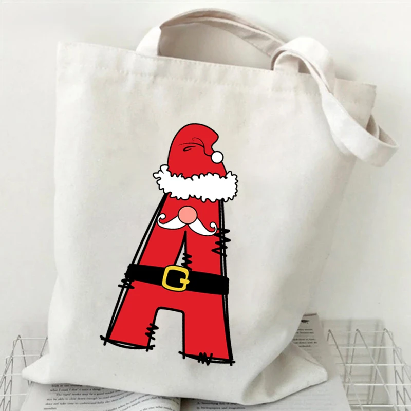 Fashion Christmas Santa Alphabet A~Z Ladies Canvas Tote Casual Shoulder Bag Eco Portable Travel Shopping Bag Purses Handbags