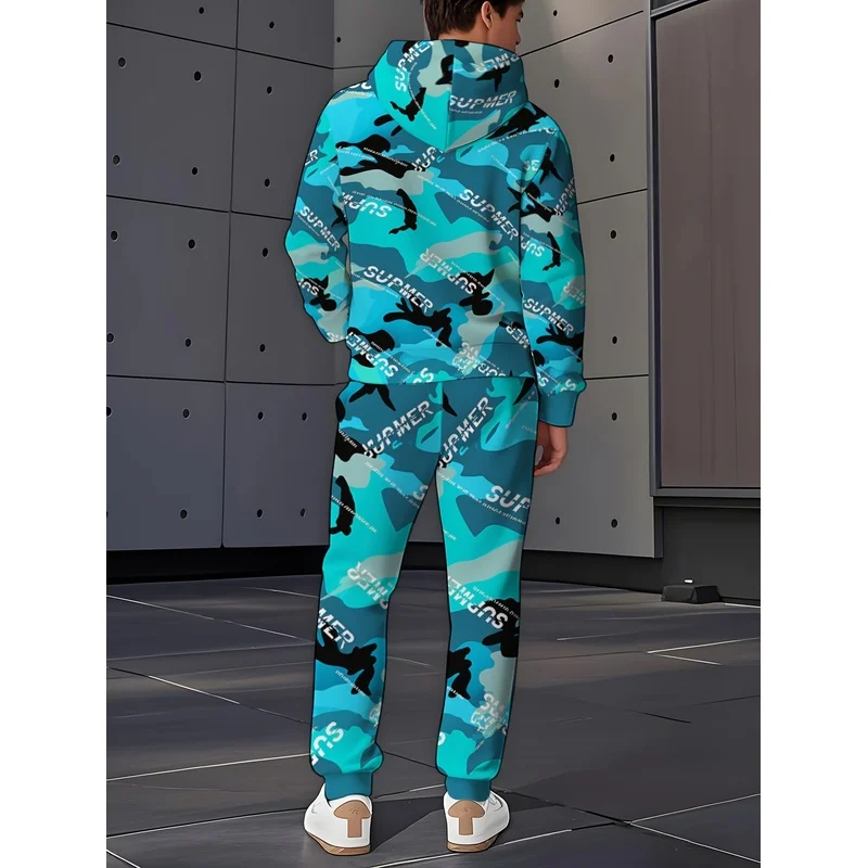 Fashion Camouflage Hooded Sweatshirt And Pants 2-Piece Set, Contrasting Color Letter Print, Daily Casual Fashion Multifunctional